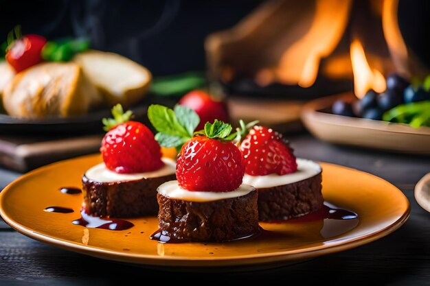 a plate of chocolate cake with strawberries and chocolate on it