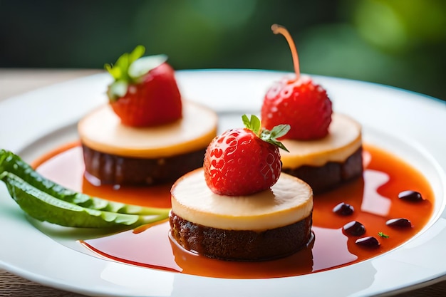 A plate of chocolate cake with strawberries and cream cheese frosting