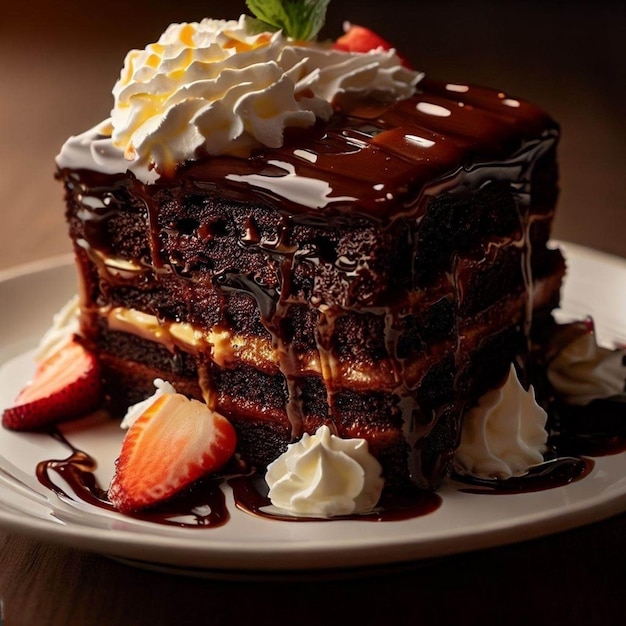 A plate of chocolate cake with whipped cream and strawberries on top.