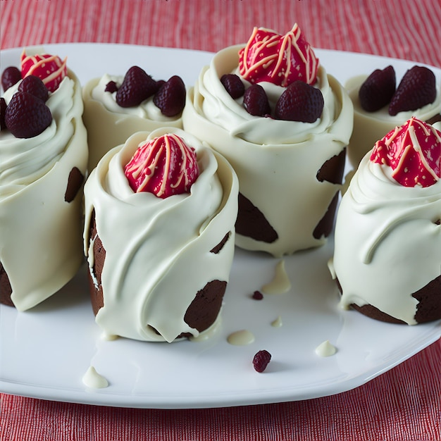 A plate of chocolate cake with white frosting and berries on top.