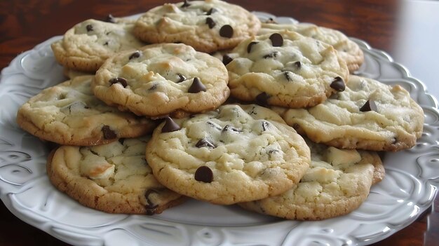 A plate of chocolate chip cookies The cookies are soft and chewy and they are studded with semisweet chocolate chips