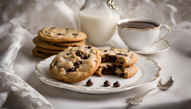 a plate of chocolate chip cookies and milk with a glass of milk