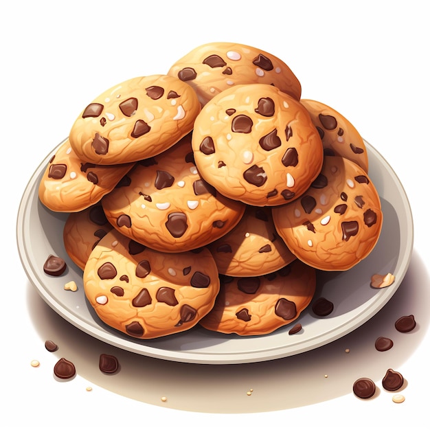 a plate of chocolate chip cookies with chocolate chips on it