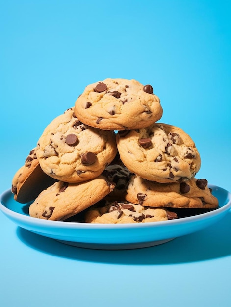 a plate of chocolate chip cookies with chocolate chips on it.