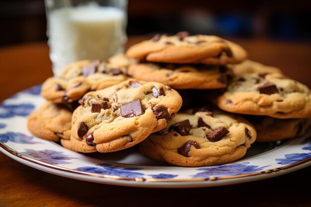 A plate of chocolate chip cookies with chocolate chips on it.