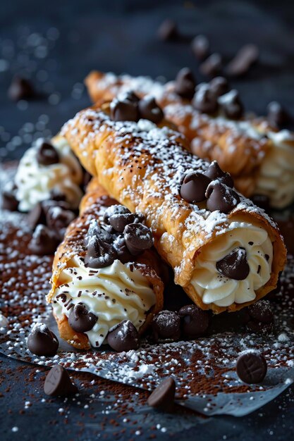 Photo a plate of chocolate covered crepes with powdered sugar