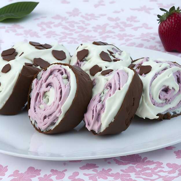 Photo a plate of chocolate covered fruit covered in white and pink chocolate.