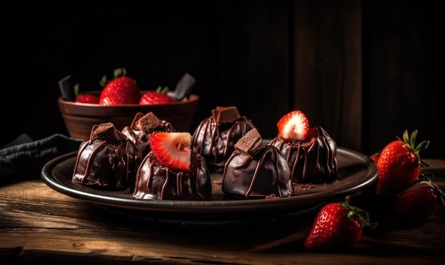 A plate of chocolate covered strawberries with a chocolate covered strawberry on the side.