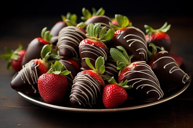 a plate of chocolate covered strawberries with chocolates.