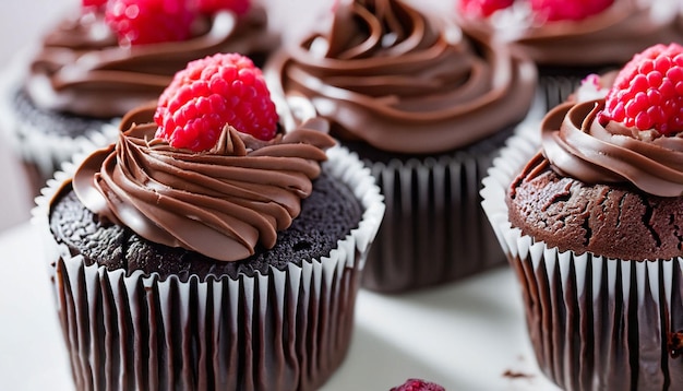 A plate of chocolate cupcakes with a raspberry swirl on top.