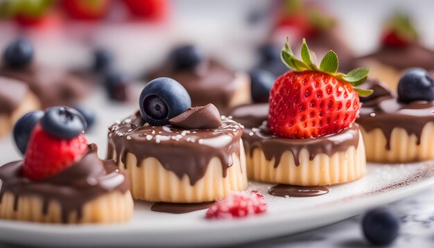 Photo a plate of chocolate cupcakes with a strawberry on top of it