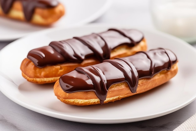 Photo a plate of chocolate eclairs