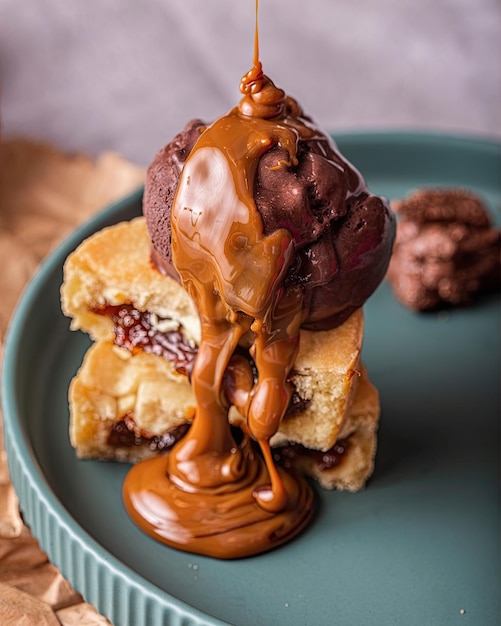 A plate of chocolate and nutella waffles with a scoop of nutella on top