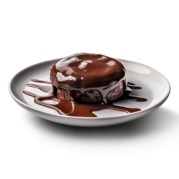 a plate of chocolate pudding on white background for food photography
