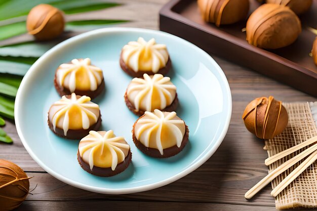 A plate of chocolate truffles with a coconut and coconut decoration.