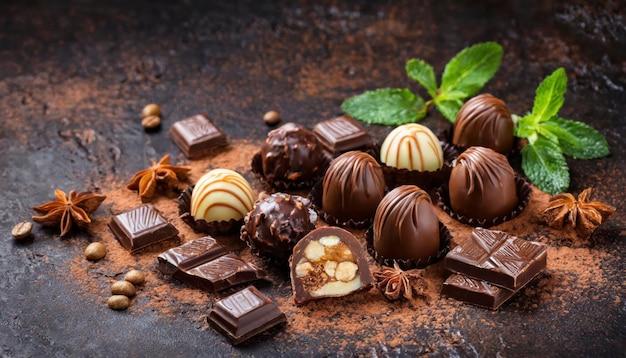 A plate of chocolate truffles with a green leaf on top The truffles are arranged in a row and there are several spoons and a bowl nearby