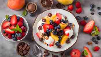 Photo a plate of chocolate and vanilla ice cream with berries and berries