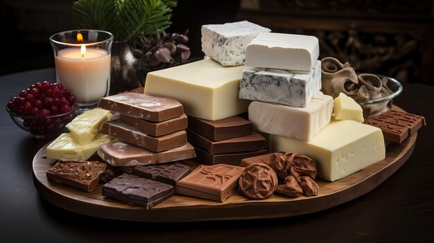 a plate of chocolates and a candle