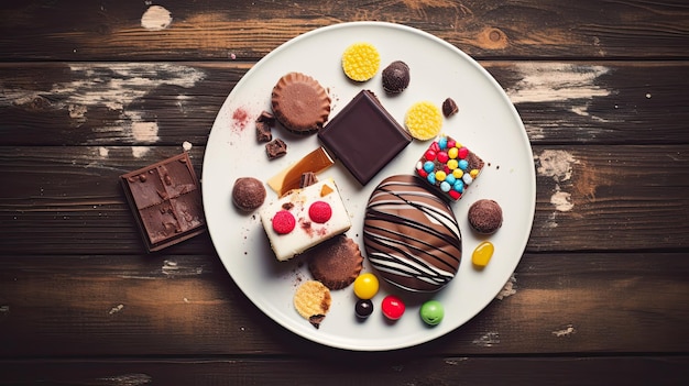 A plate of chocolates and candy on a wooden table.