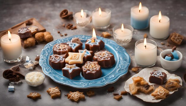 a plate of chocolates and cookies with candles around them