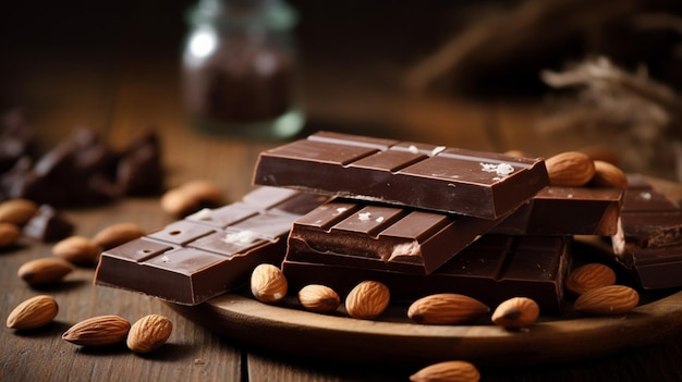 A plate of chocolates and nuts on a wooden table