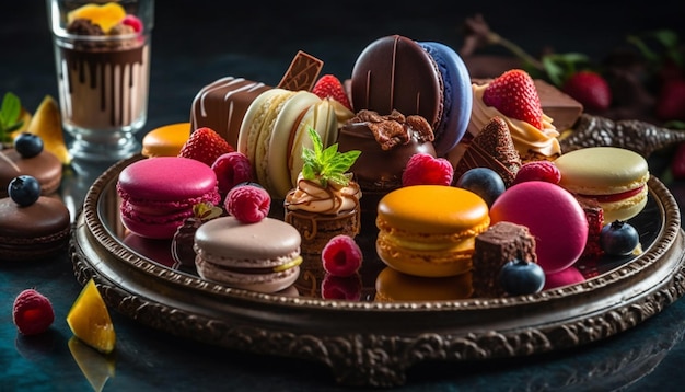 A plate of chocolates and other desserts with a bottle of wine in the background