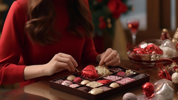 Plate of Chocolates on a Red Table Cloth