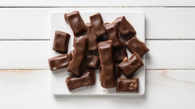 A plate of chocolates on a white table