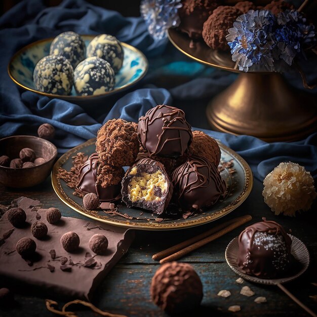 A plate of chocolates with a blue cloth behind it.