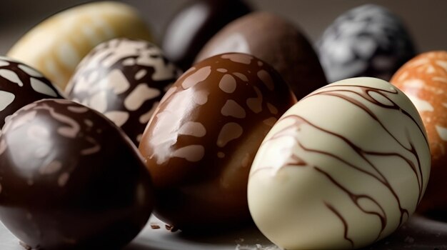 A plate of chocolates with different colors and patterns