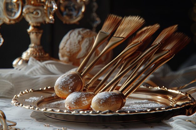 Photo a plate of chocolates with gold sticks on it