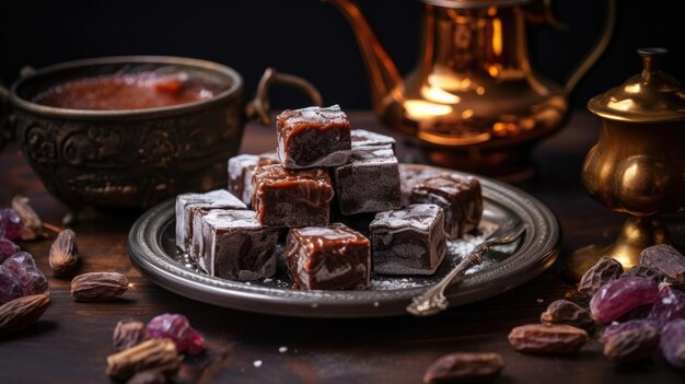 a plate of chocolates with a teapot on the table