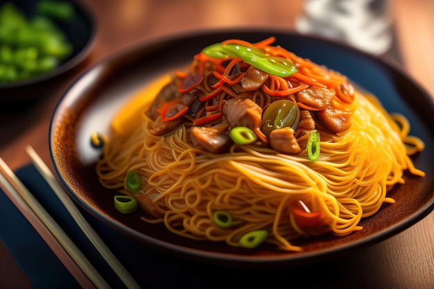 A plate of chow mein noodles