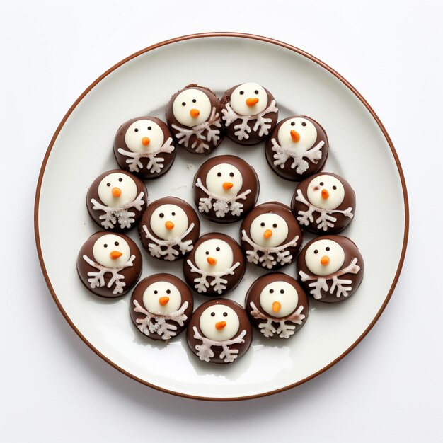 plate of christmas chocolate in the shape of multiple snowman AI Generative