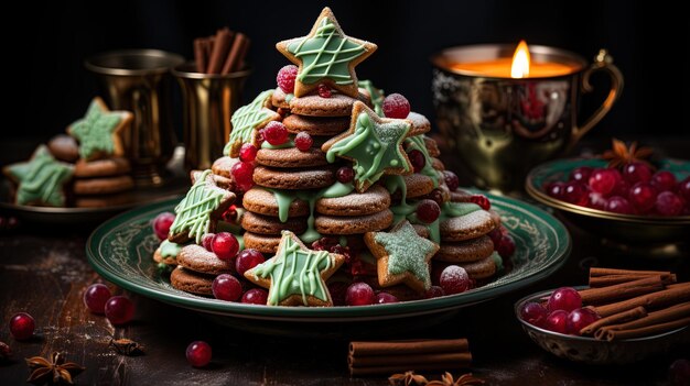 a plate of christmas cookies with a christmas tree on top of it