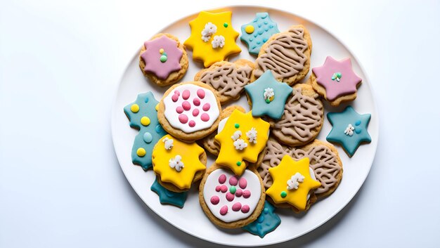 A plate of christmas cookies with different colored frosting and decorations.