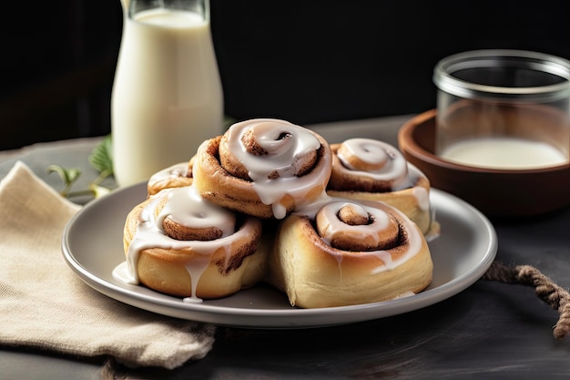 Plate of cinnamon rolls served warm with drizzle of icing