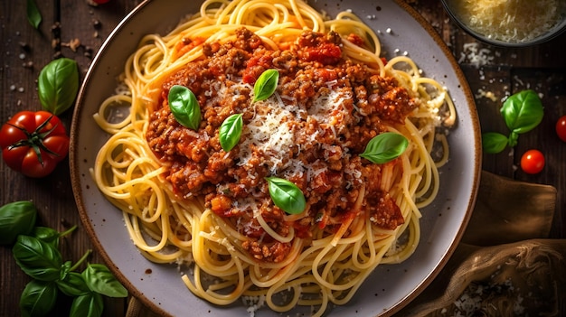 Тарелка классических и утешительных спагетти болоньезе с сыром пармезан Generative AI