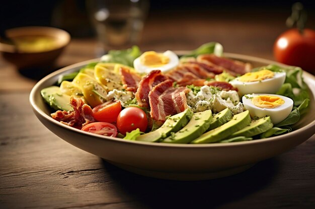 A plate of Cobb salad served on a wooden table