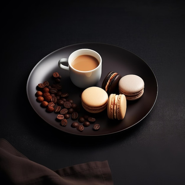 커피 한 잔과 함께 커피, 마카롱, 원두 커피 한 접시.