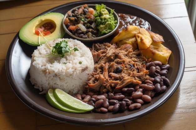 Plate of colombian food with rice beans and meat