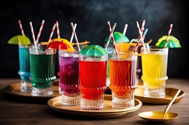 Foto piatto di cocktail colorati con cannucce e ombrelli per la festa estiva creata con intelligenza artificiale generativa
