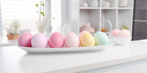 A plate of colorful easter eggs on a counter