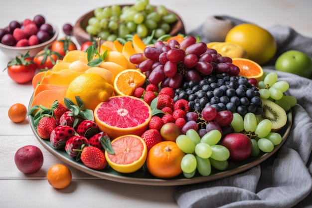 Тарелка с красочными фруктами и овощами, отлично подходящими для повышения иммунитета, созданная с помощью генеративного ИИ