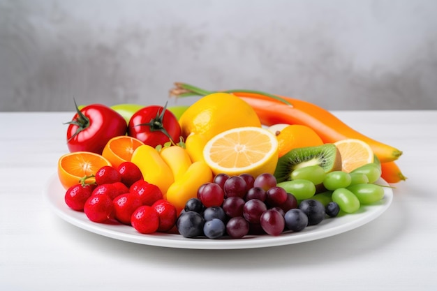 Plate of colorful fruits and vegetables with white plate background created with generative ai