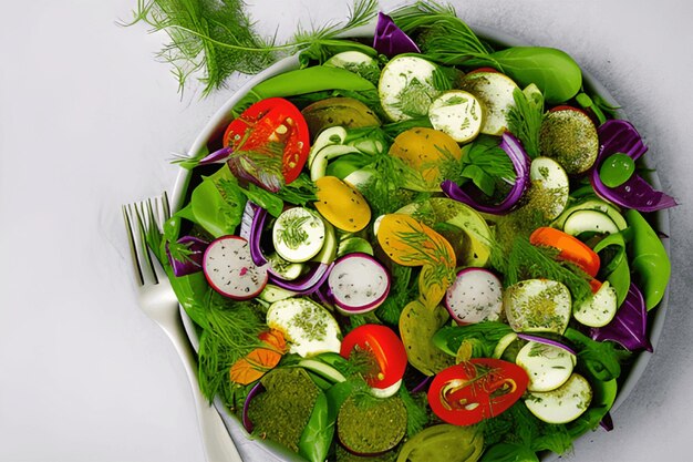 Plate of colorful healthy Fresh Organic Herb And Vegetable generative ai