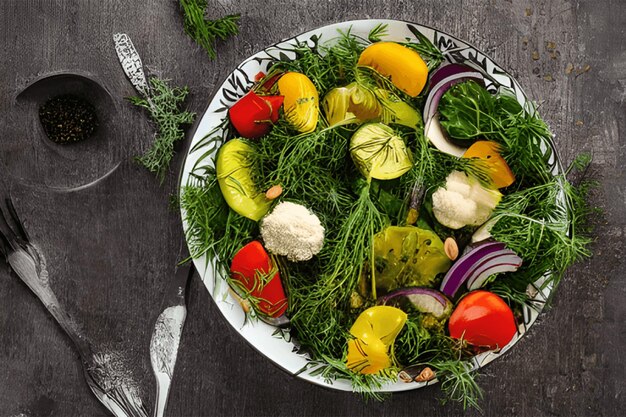 Plate of colorful healthy Fresh Organic Herb And Vegetable generative ai