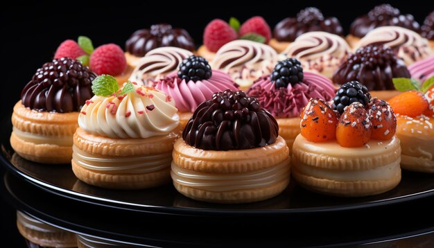 Photo a plate of colorful homemade cupcakes sweet indulgence generated by ai