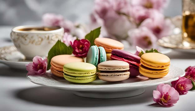 a plate of colorful macarons with a pink background