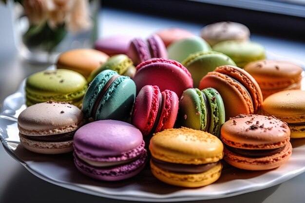A plate of colorful macaroons on a table